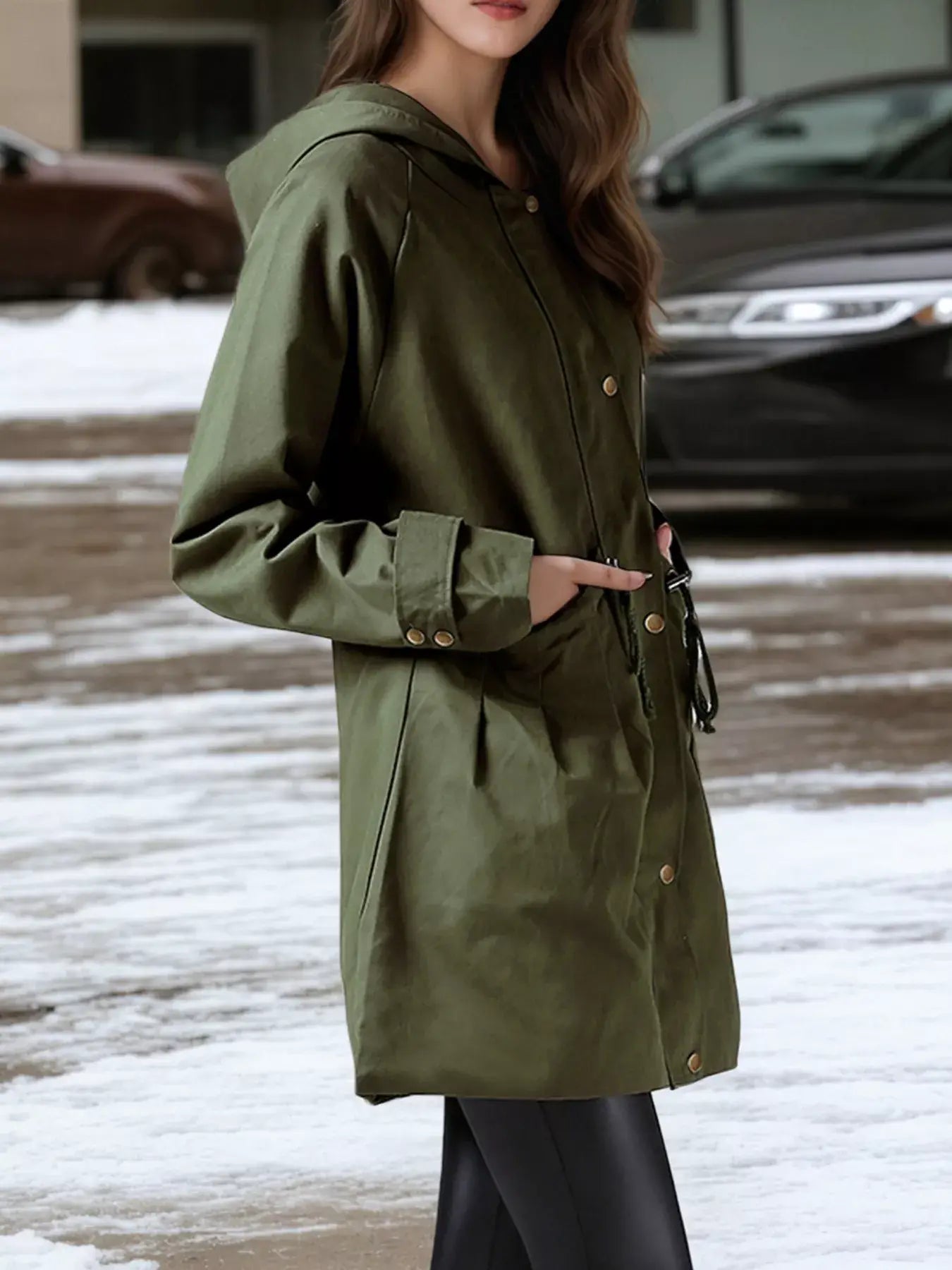 Plus Size Hooded Drawstring Waist Trench Coat - Trendsi - Flyclothing LLC