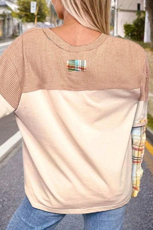 Plus Size Waffle-Knit Detail Plaid Round Neck Top - Trendsi - Flyclothing LLC