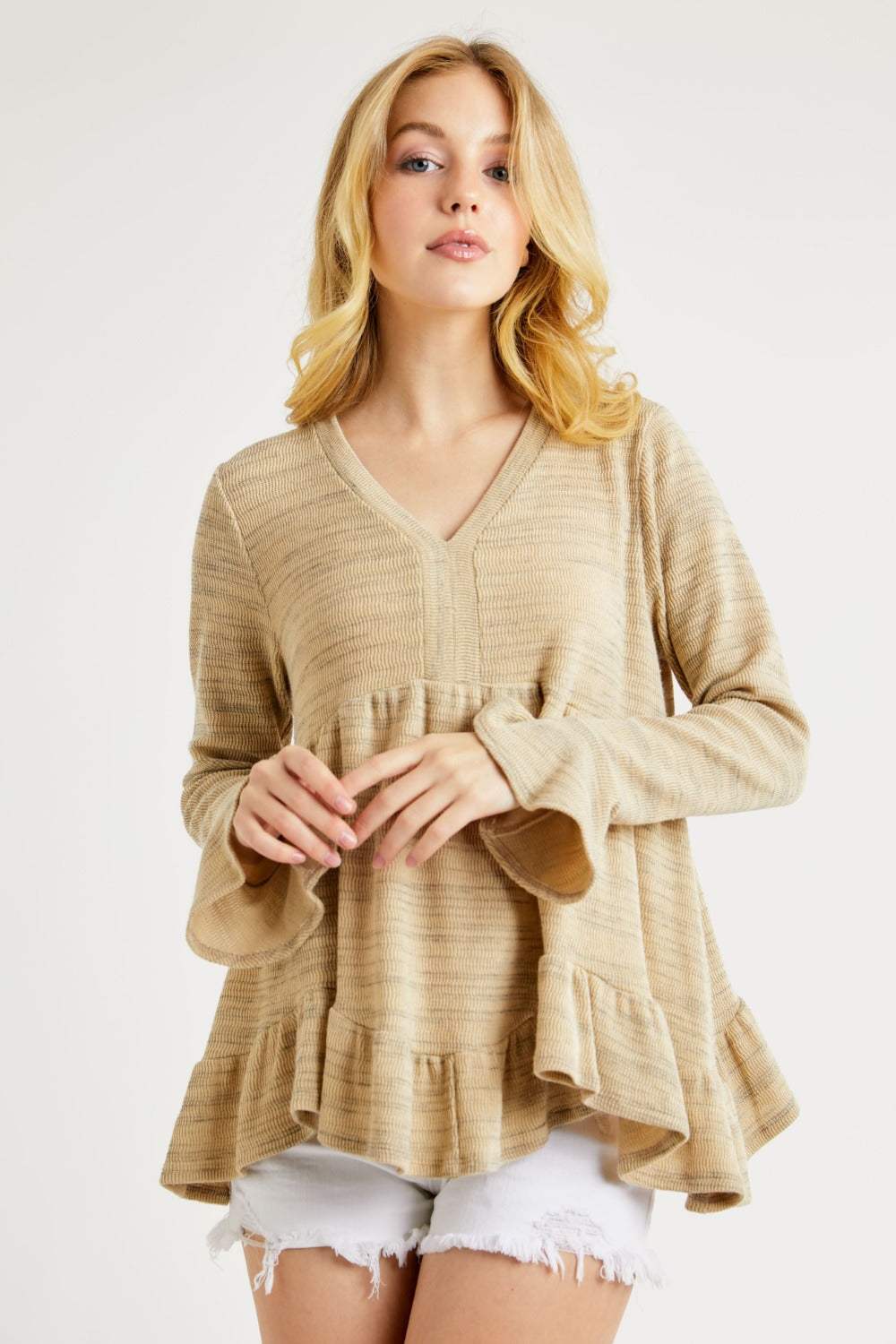 Hailey & Co V-Neck Flounce Sleeve Knit Top - Trendsi - Flyclothing LLC