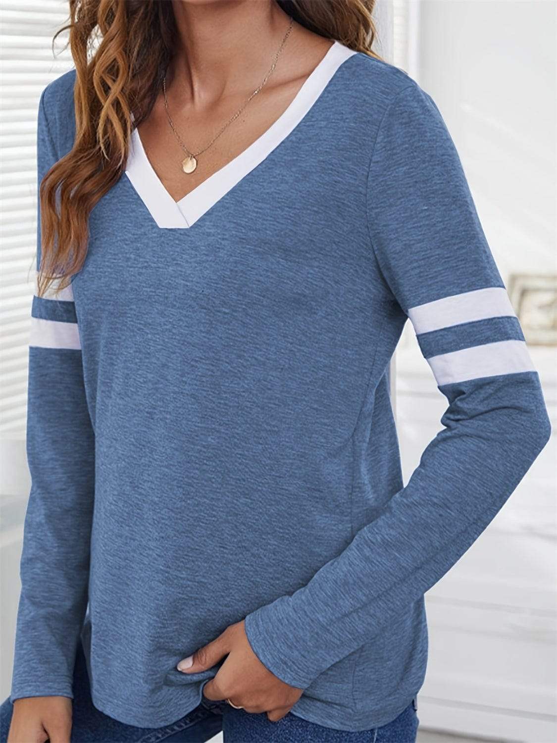 Heathered V-Neck Long Sleeve T-Shirt - Trendsi - Flyclothing LLC