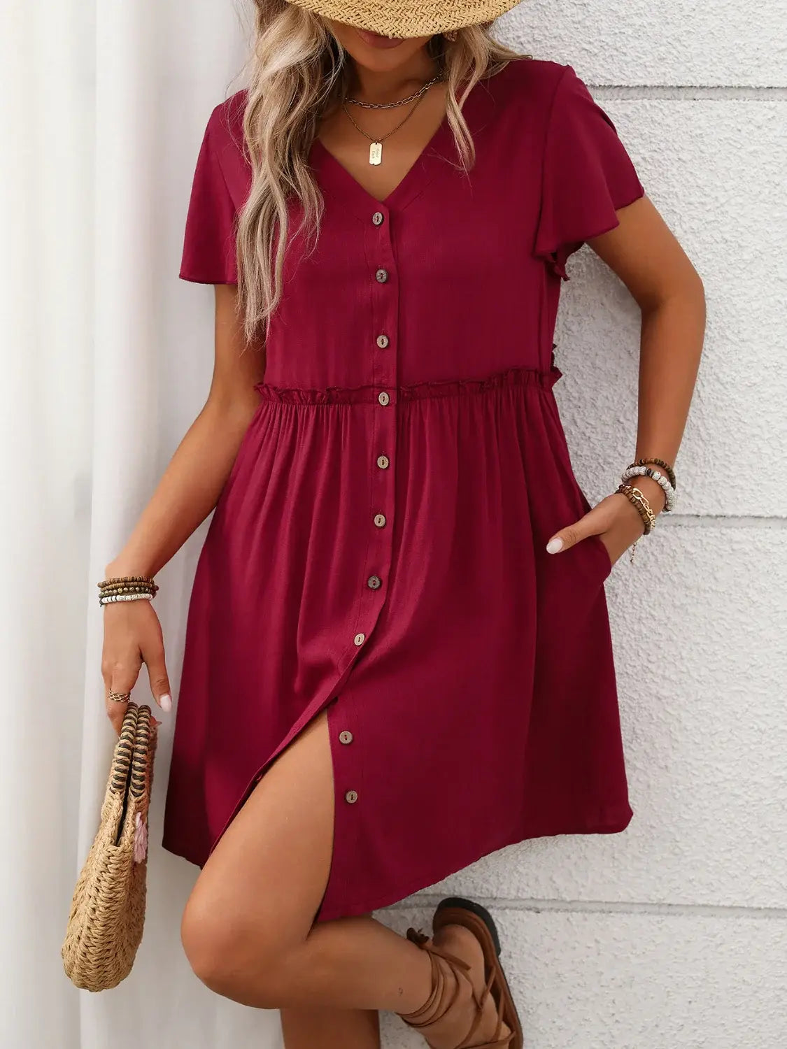 Button Front Flutter Sleeve Dress - Trendsi - Flyclothing LLC