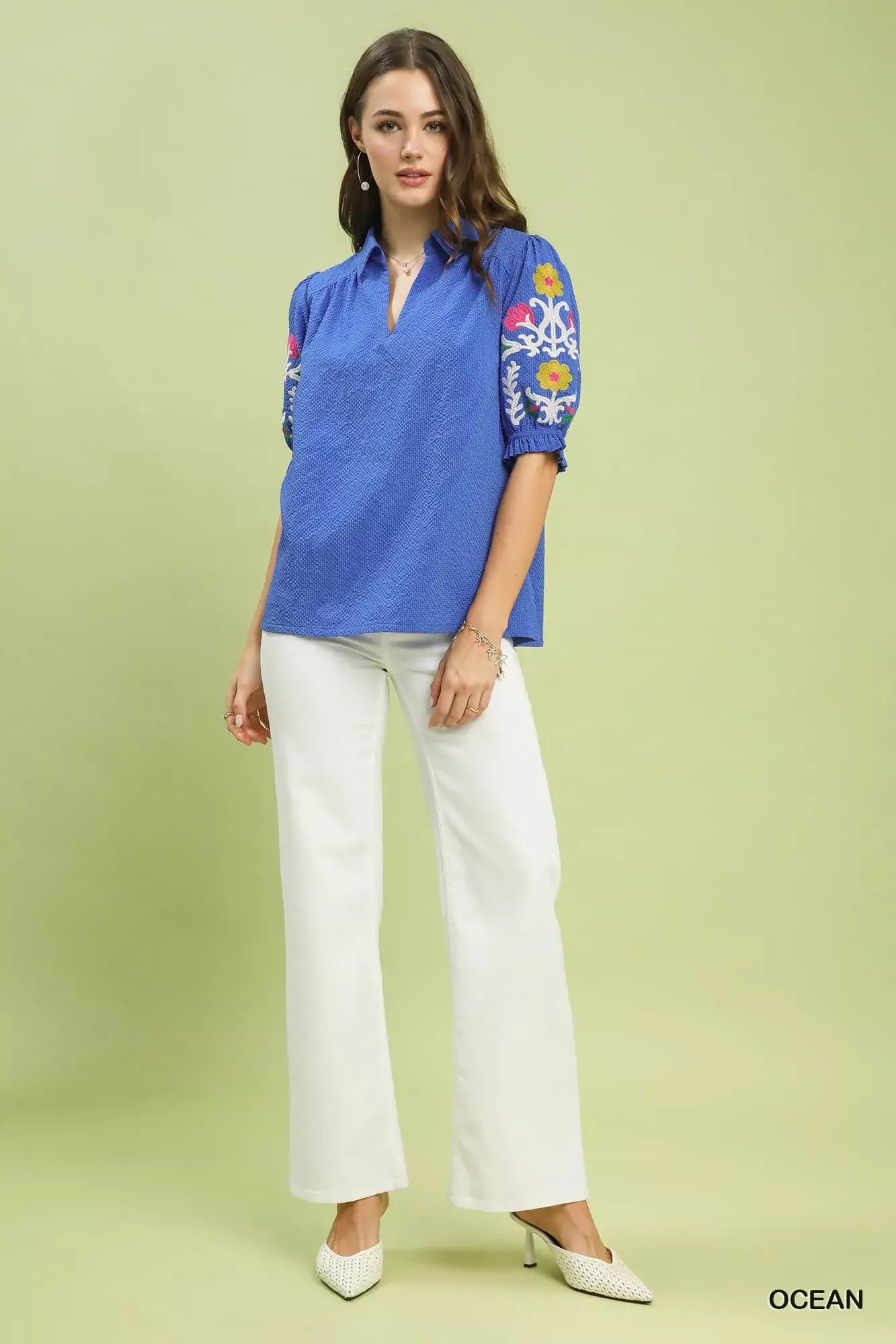 Umgee Seersucker Embroidered Sleeve Blouse - Trendsi - Flyclothing LLC