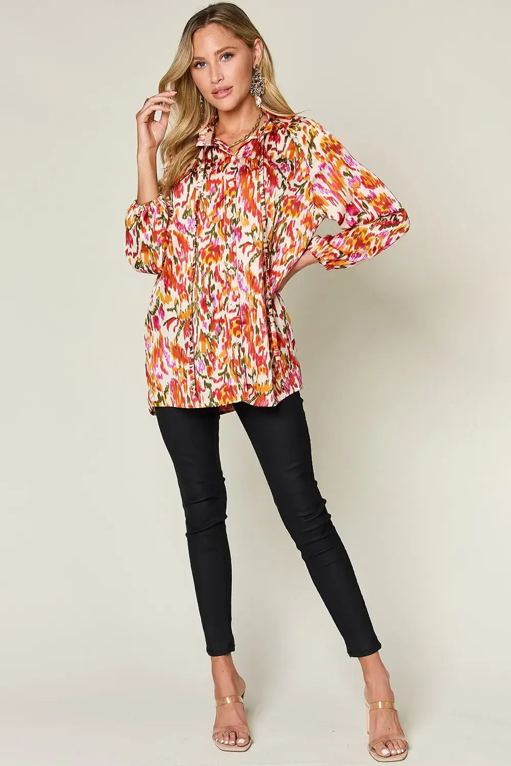 Double Take Full Size Printed Button Up Long Sleeve Shirt - Trendsi - Flyclothing LLC