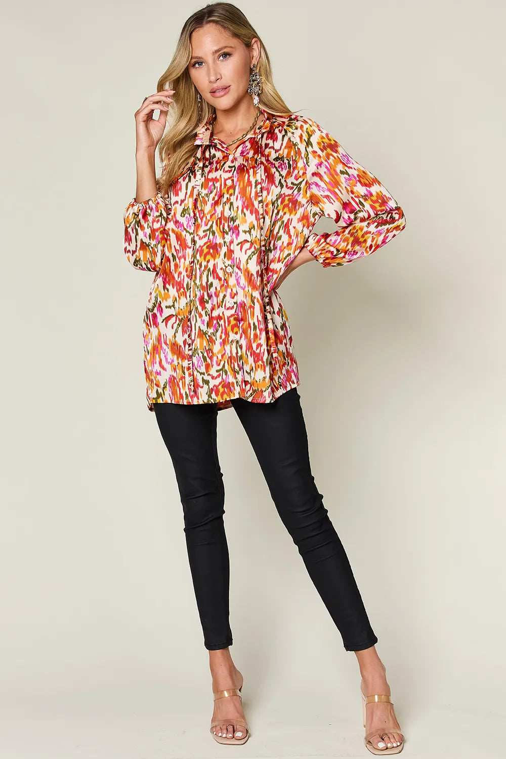 Double Take Full Size Printed Button Up Long Sleeve Shirt - Trendsi - Flyclothing LLC