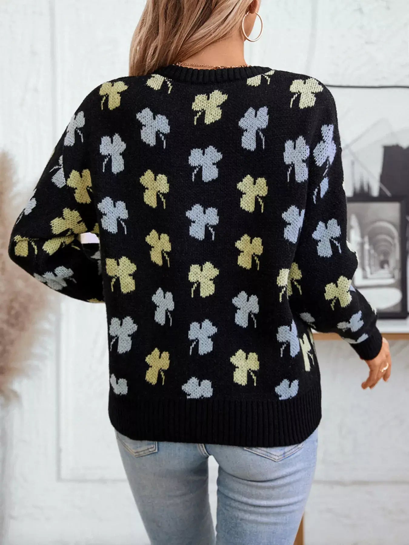 Clover Round Neck Long Sleeve Sweater - Trendsi - Flyclothing LLC