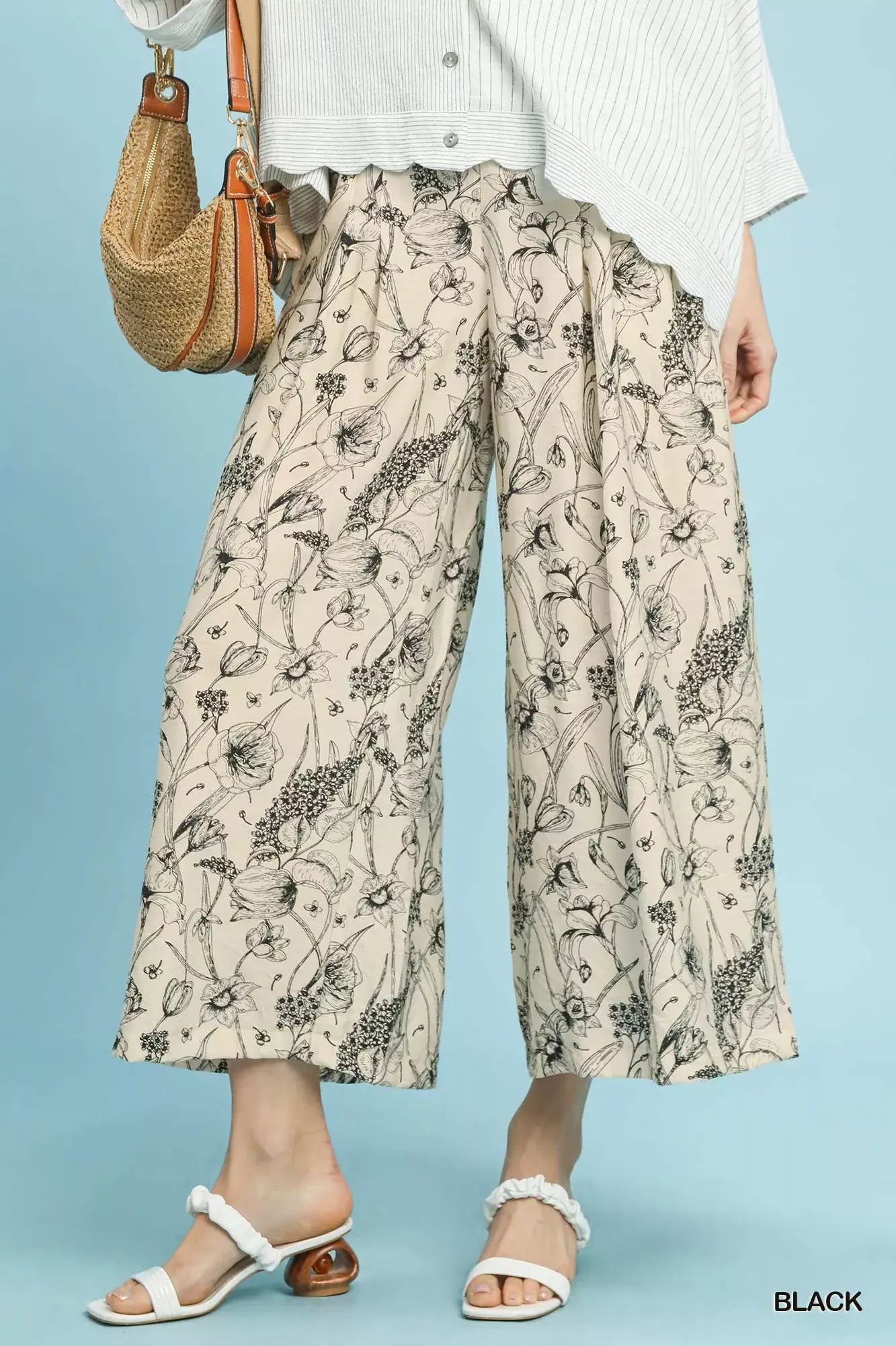 Umgee Two Tone Floral Print Pants - Trendsi - Flyclothing LLC