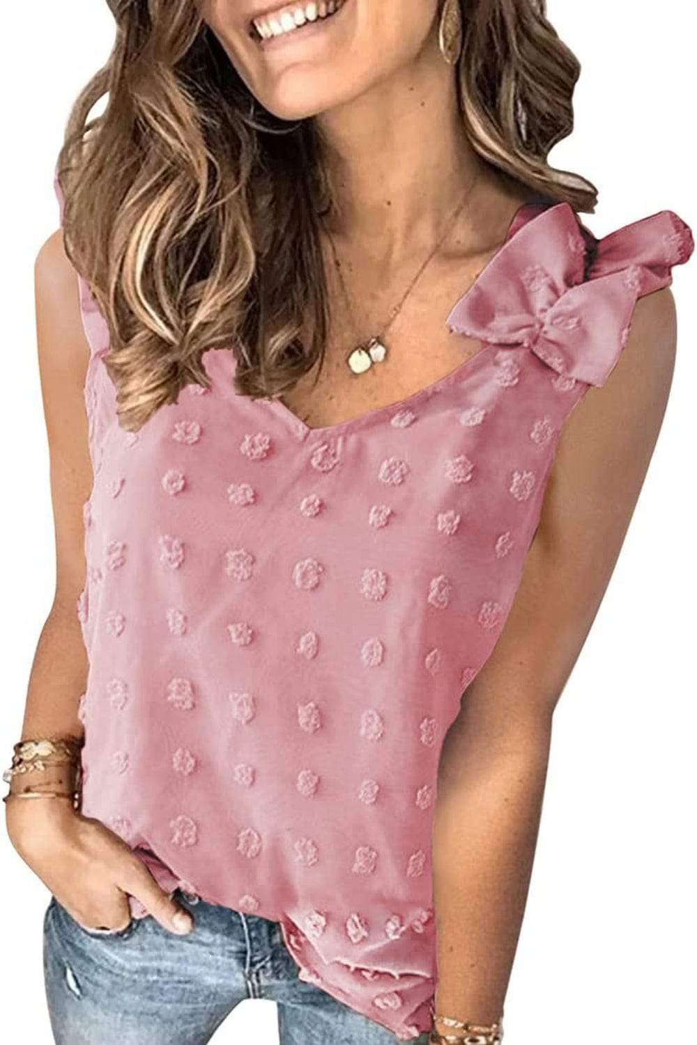Full Size Swiss Dot V-Neck Tank - Trendsi - Flyclothing LLC