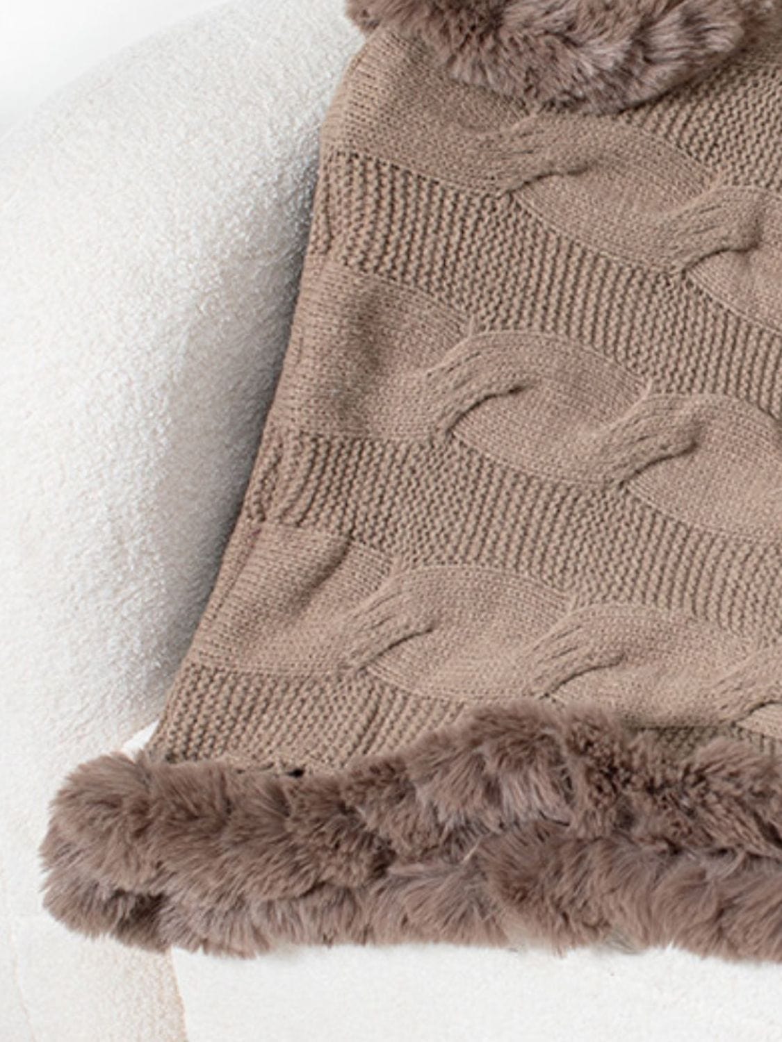 Fuzzy Hem Cable-Knit Poncho - Trendsi