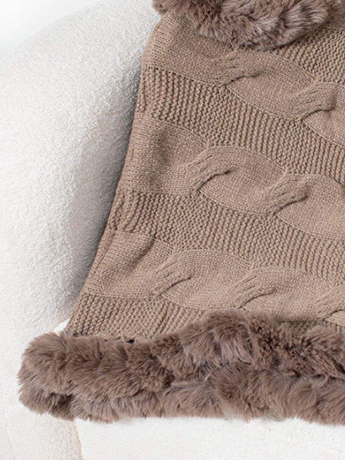 Fuzzy Hem Cable-Knit Poncho - Trendsi - Flyclothing LLC