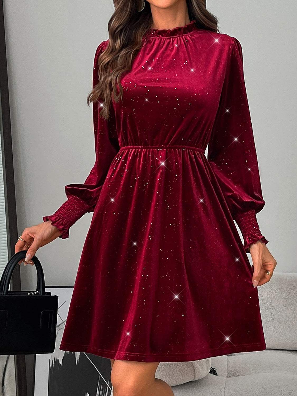 Glitter Mock Neck Long Sleeve Mini Dress - Trendsi - Flyclothing LLC