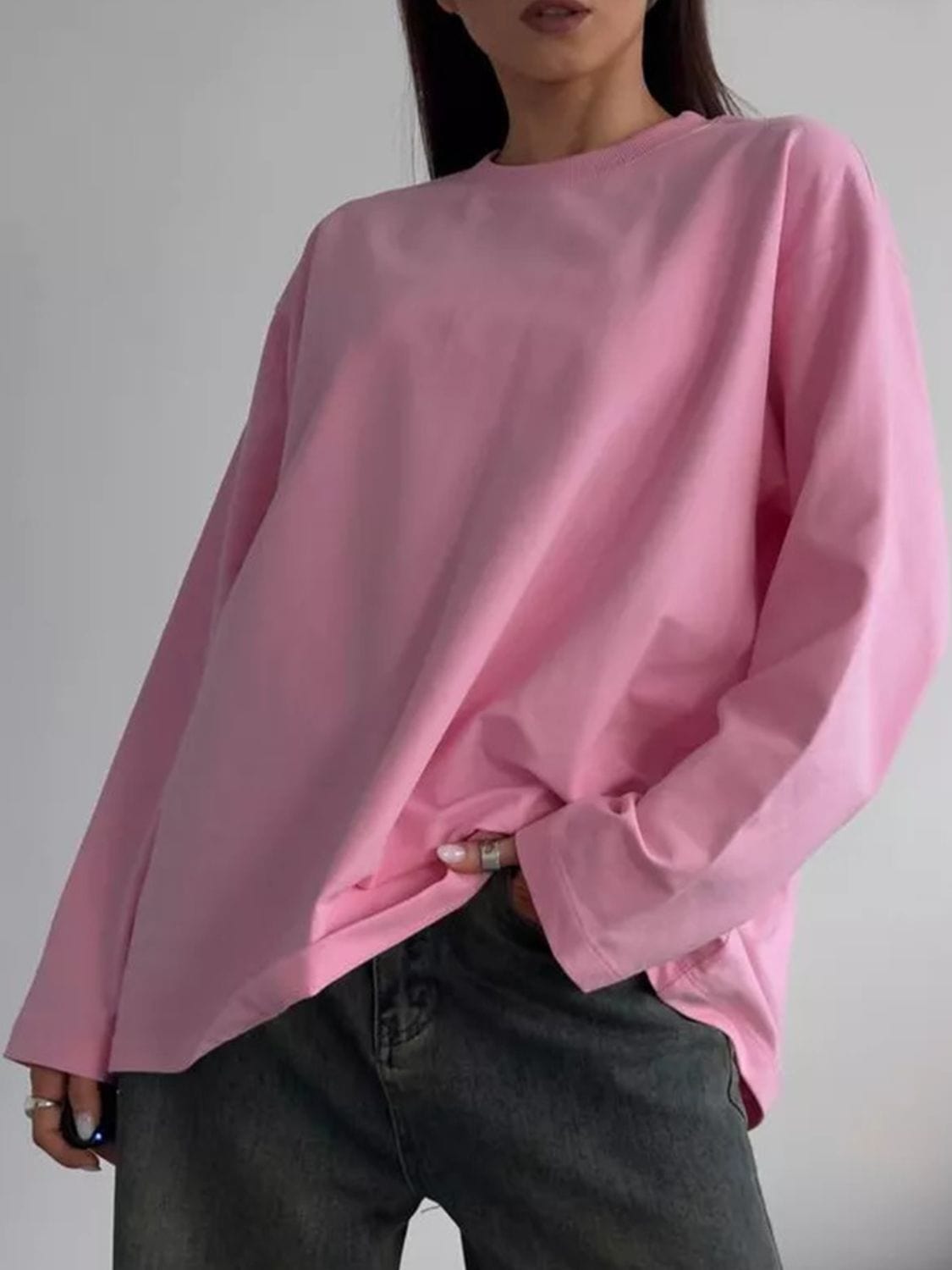 Round Neck Dropped Shoulder Long Sleeve T-Shirt - Trendsi