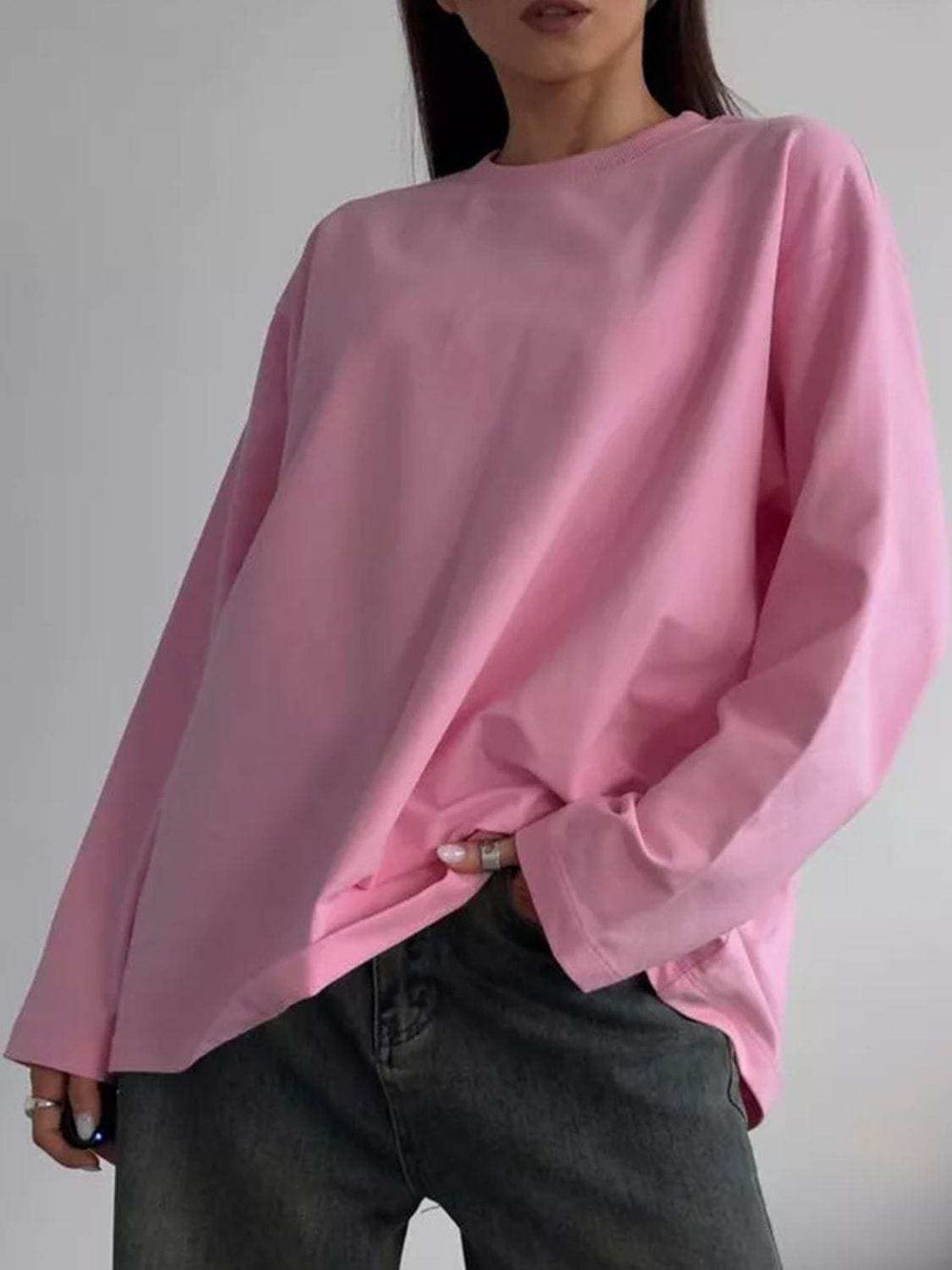Round Neck Dropped Shoulder Long Sleeve T-Shirt - Trendsi - Flyclothing LLC