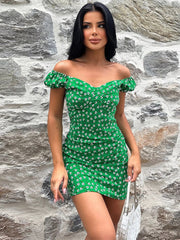 Printed V-Neck Short Sleeve Mini Dress - Trendsi