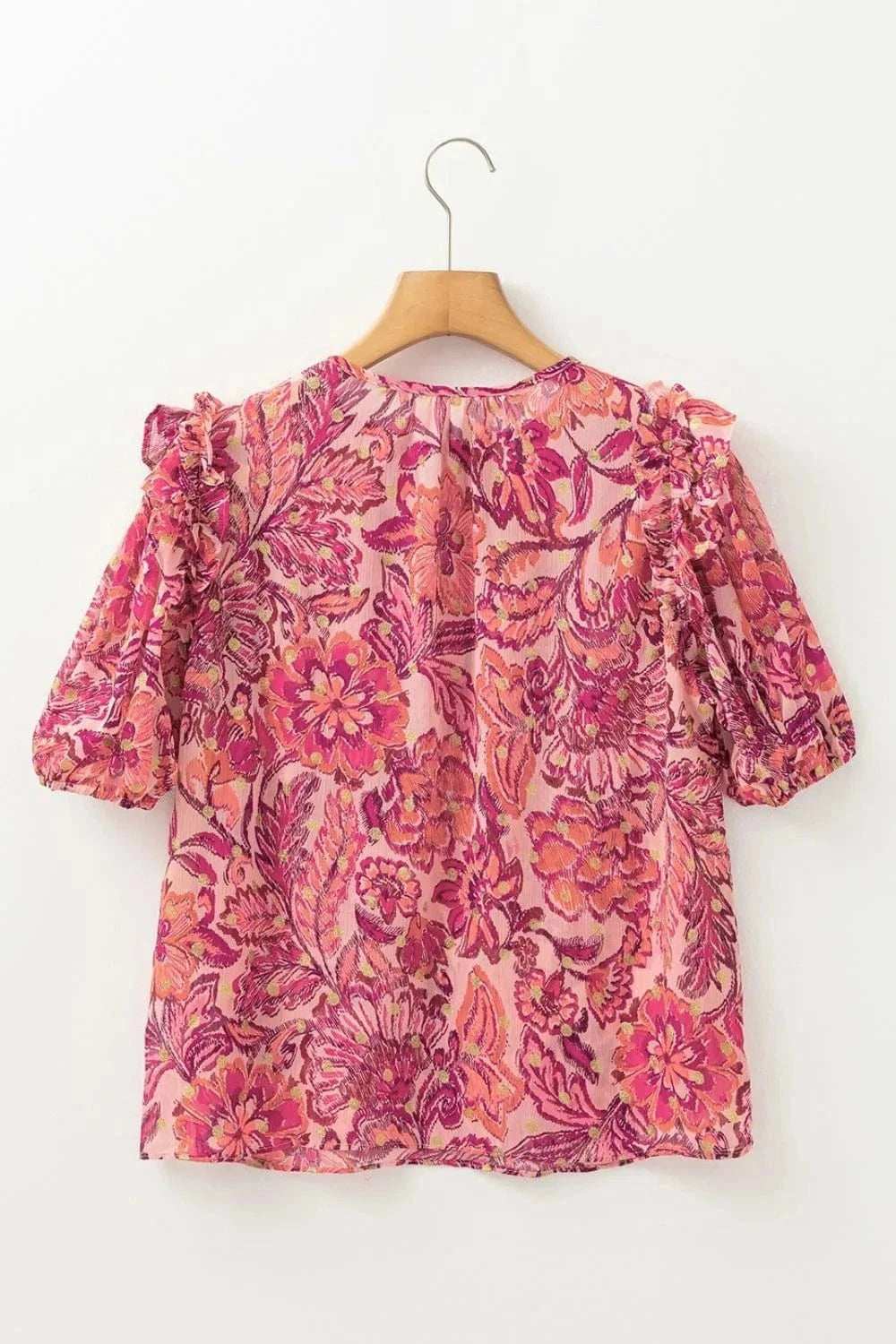 Floral Print Ruffled Puff Short Sleeve Blouse - Trendsi - Flyclothing LLC