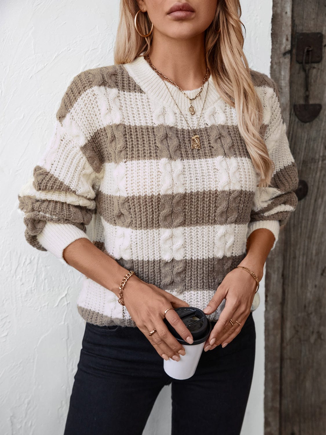 Striped Round Neck Long Sleeve Sweater - Trendsi