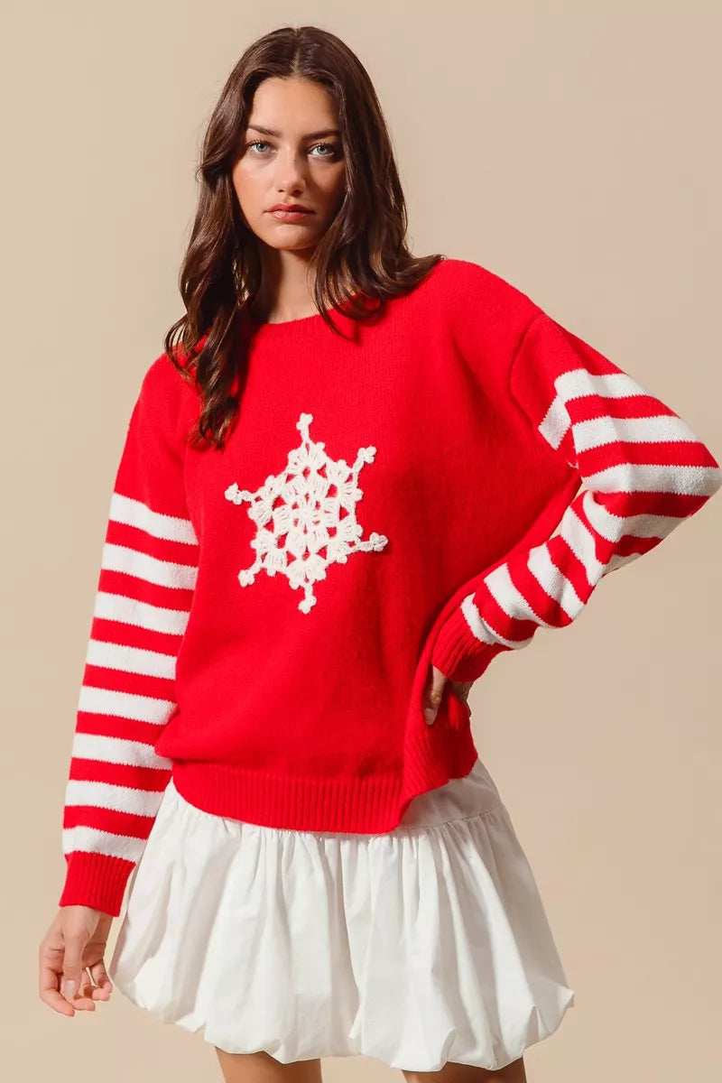 SO ME Christmas Snowflake Crochet Embellished Sweater - Trendsi - Flyclothing LLC