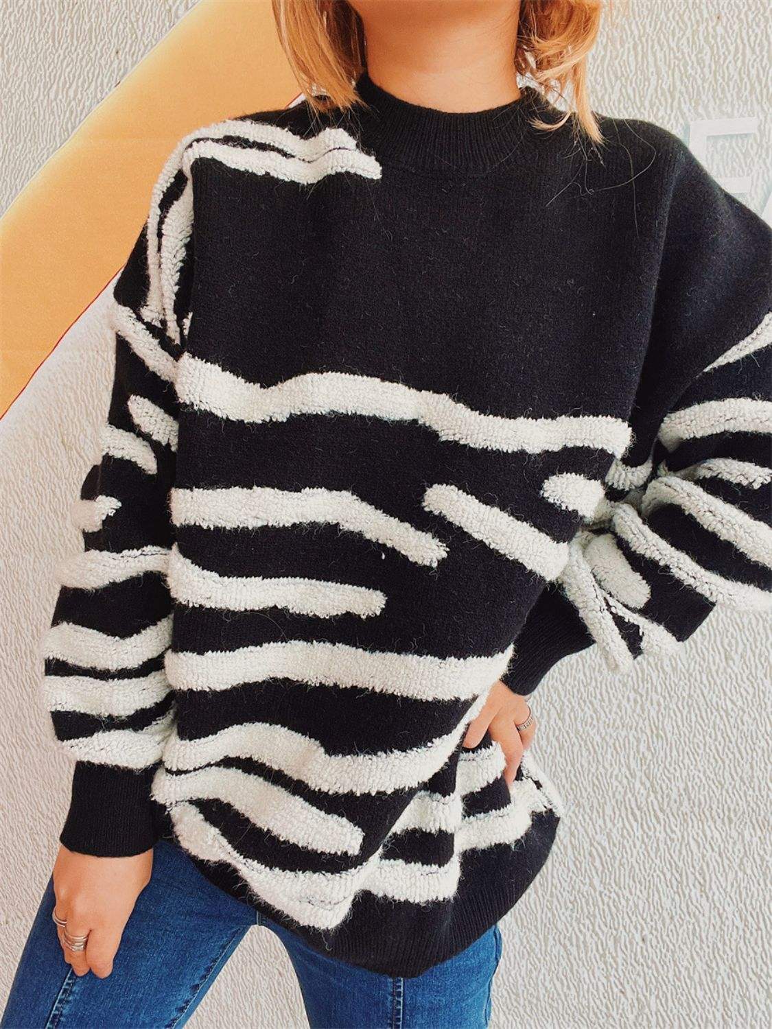 Contrast Round Neck Long Sleeve Sweater - Trendsi - Flyclothing LLC