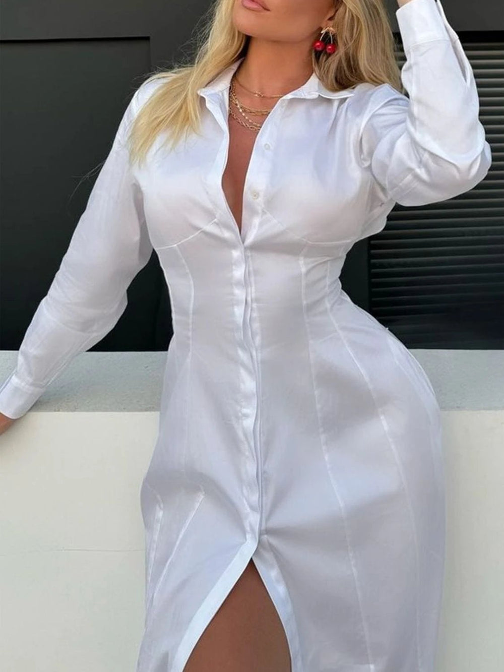 Devine Backless Long Sleeve Midi Shirt Dress - Trendsi
