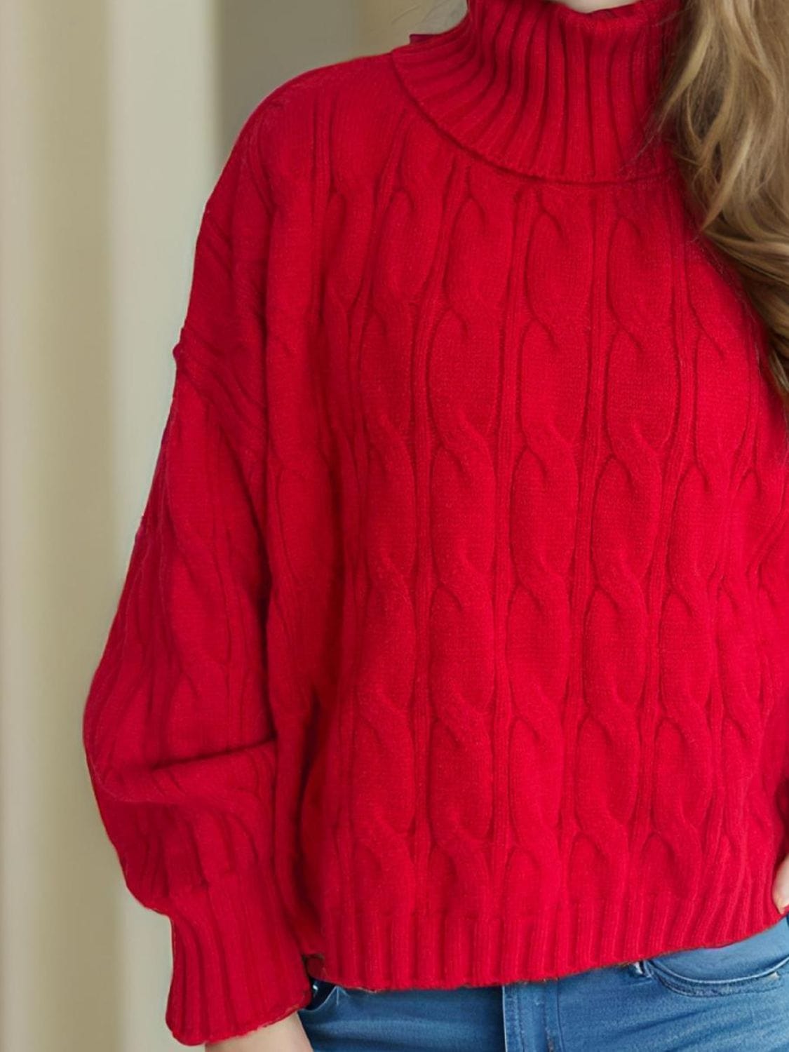 Cable-Knit Turtleneck Long Sleeve Sweater - Trendsi
