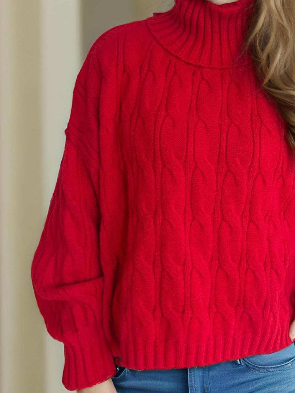 Cable-Knit Turtleneck Long Sleeve Sweater - Trendsi - Flyclothing LLC