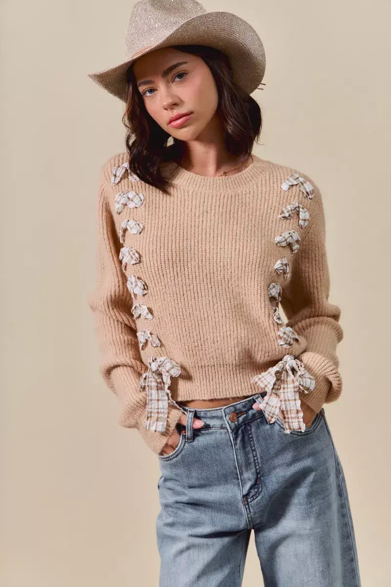 SO ME Checkered Plaid Tape Lace Up Ribbed Sweater - Trendsi - Flyclothing LLC