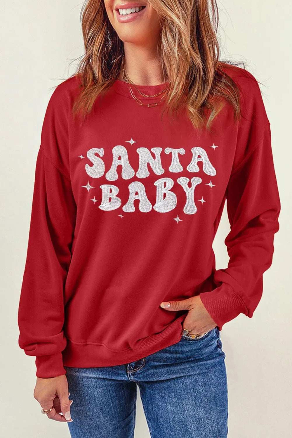 SANTA BABY Round Neck Long Sleeve Sweatshirt - Trendsi - Flyclothing LLC