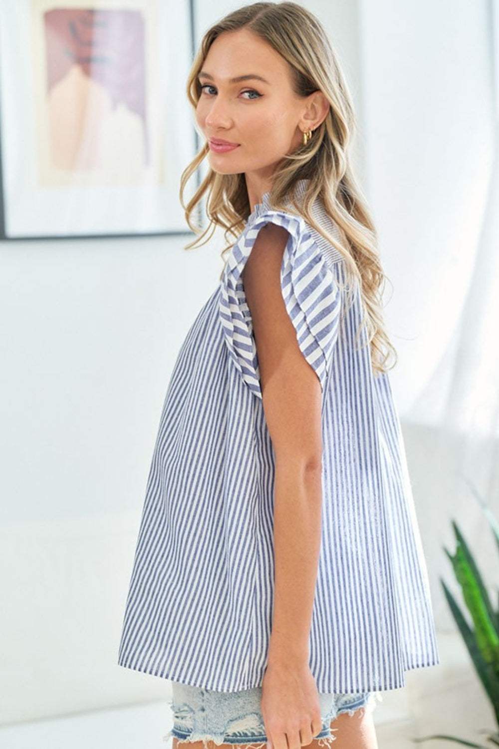 First Love Full Size Striped Flutter Sleeve Blouse - Trendsi - Flyclothing LLC