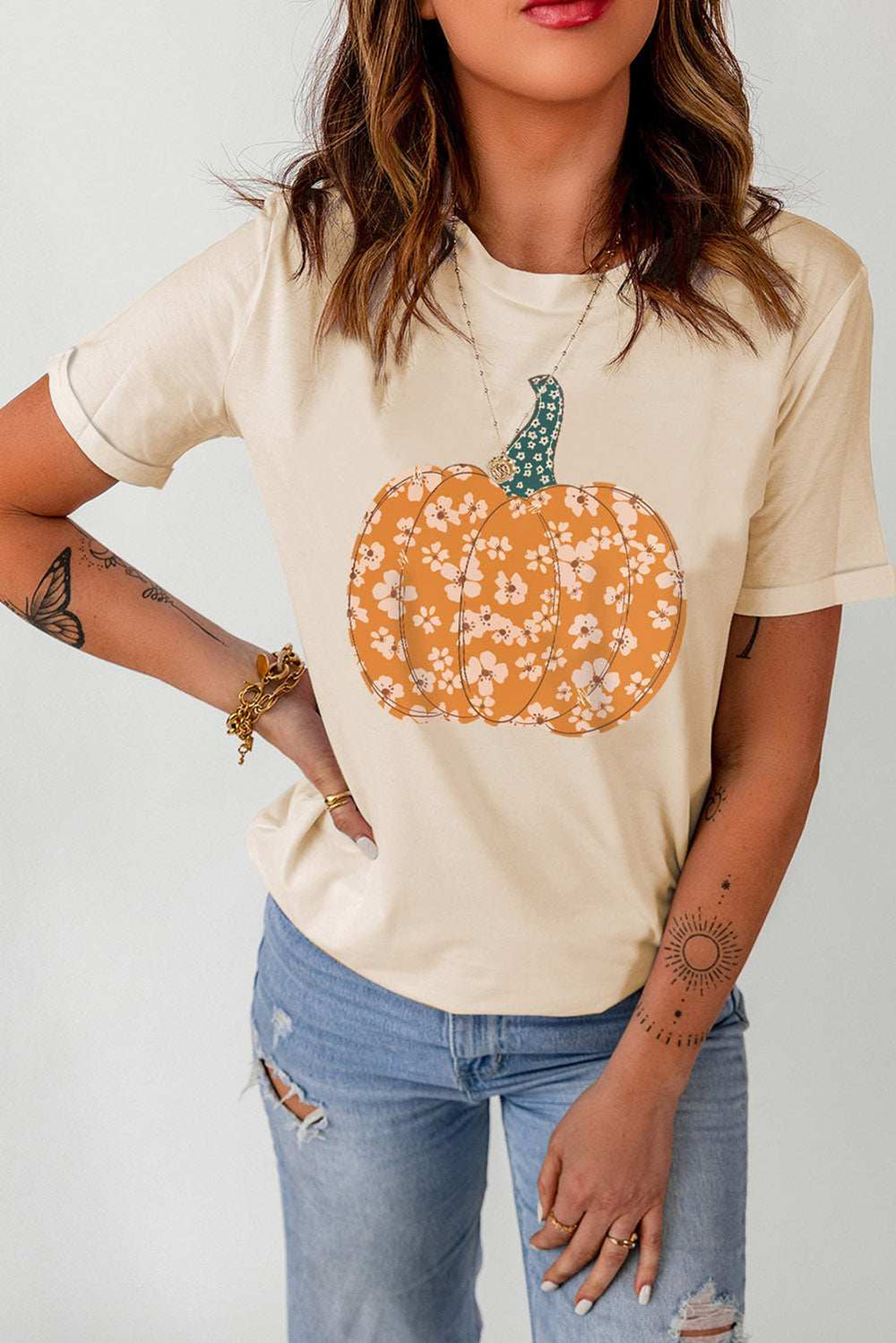 Pumpkin Graphic Round Neck Cuffed T-Shirt - Trendsi - Flyclothing LLC
