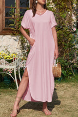 Slit Pocketed V-Neck Short Sleeve Dress - Trendsi - Flyclothing LLC