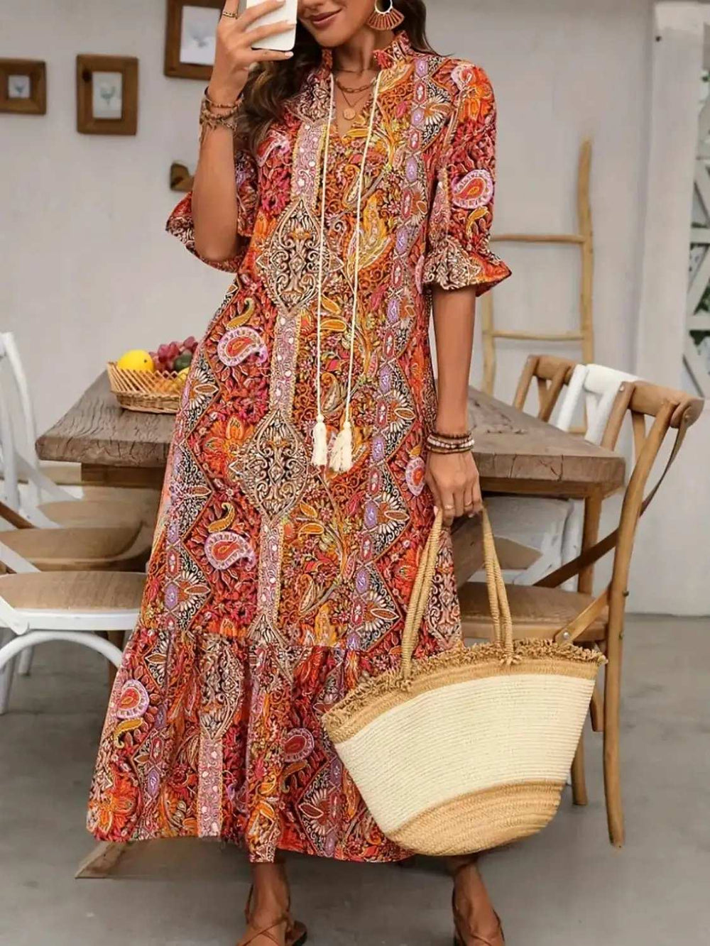 Printed Tie Neck Flounce Sleeve Midi Dress - Trendsi - Flyclothing LLC