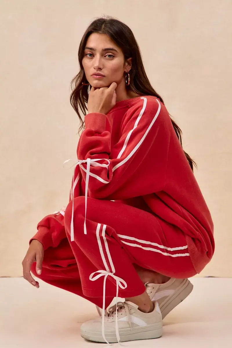 BiBi Side Lined Bow Details Fleece Sweatpants - Trendsi - Flyclothing LLC