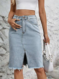 Raw Hem Slit Denim Skirt - Trendsi - Flyclothing LLC