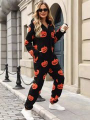 Fuzzy Pumpkin Half Zip Hooded Jumpsuit - Trendsi