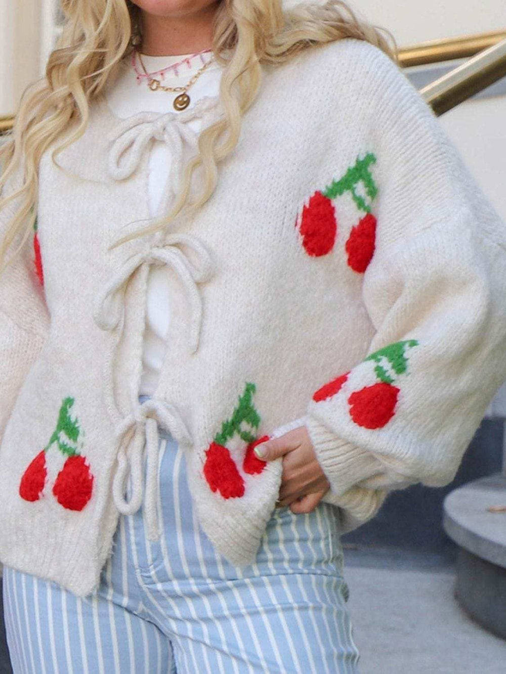 Tied Cherry Round Neck Long Sleeve Cardigan - Trendsi - Flyclothing LLC