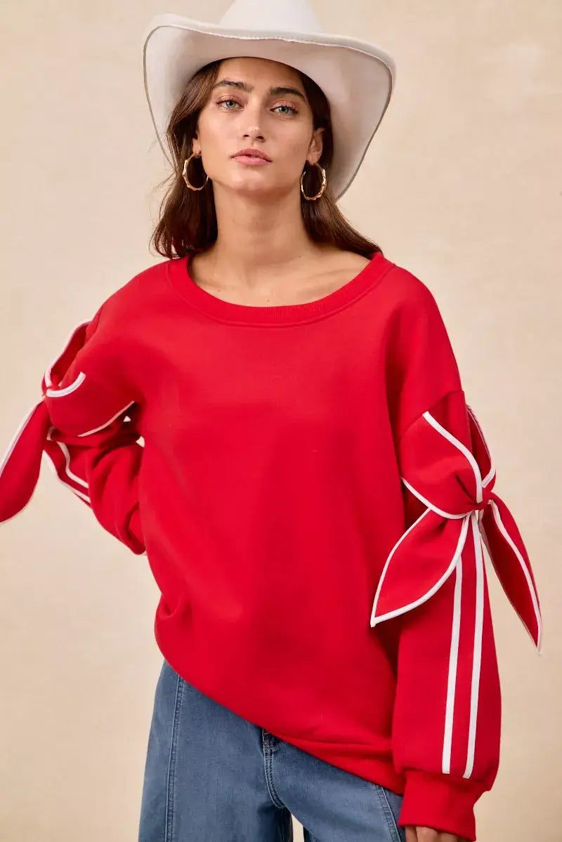 BiBi Bow Detail Sleeves Fleece Sweatshirt - Trendsi - Flyclothing LLC