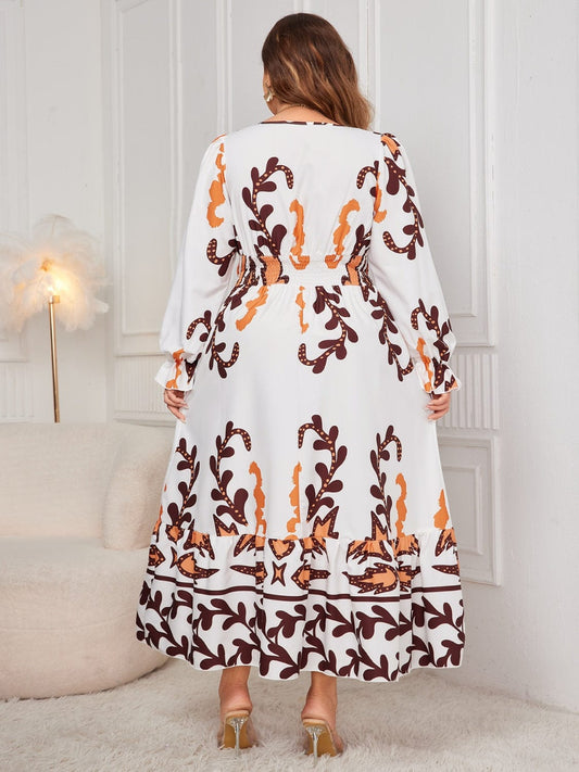 Plus Size Printed Surplice Flounce Sleeve Dress - Trendsi