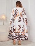 Plus Size Printed Surplice Flounce Sleeve Dress - Trendsi