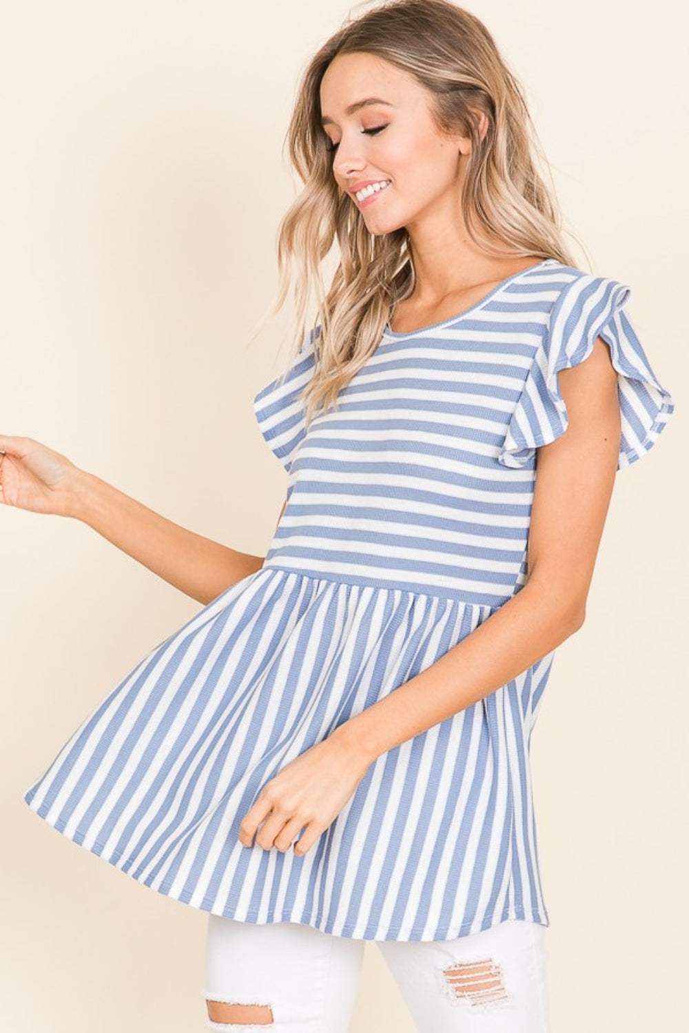 BOMBOM Striped Round Neck Blouse - Trendsi - Flyclothing LLC