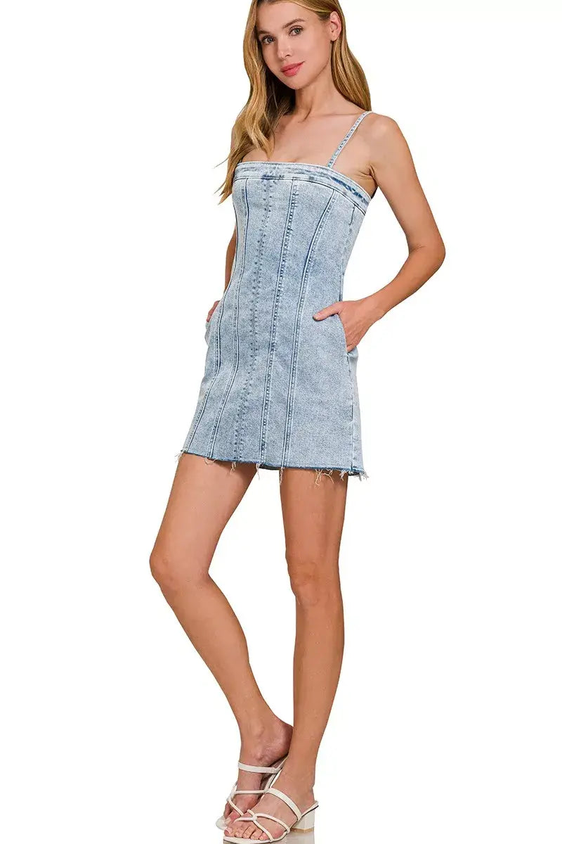 Zenana Spaghetti Strap Exposed Seam Light-Wash Dress - Trendsi - Flyclothing LLC