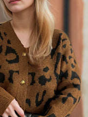 Leopard V-Neck Button Up Cardigan - Trendsi