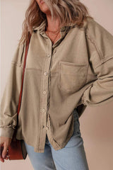 Waffle-Knit Collared Neck Long Sleeve Shacket - Trendsi - Flyclothing LLC