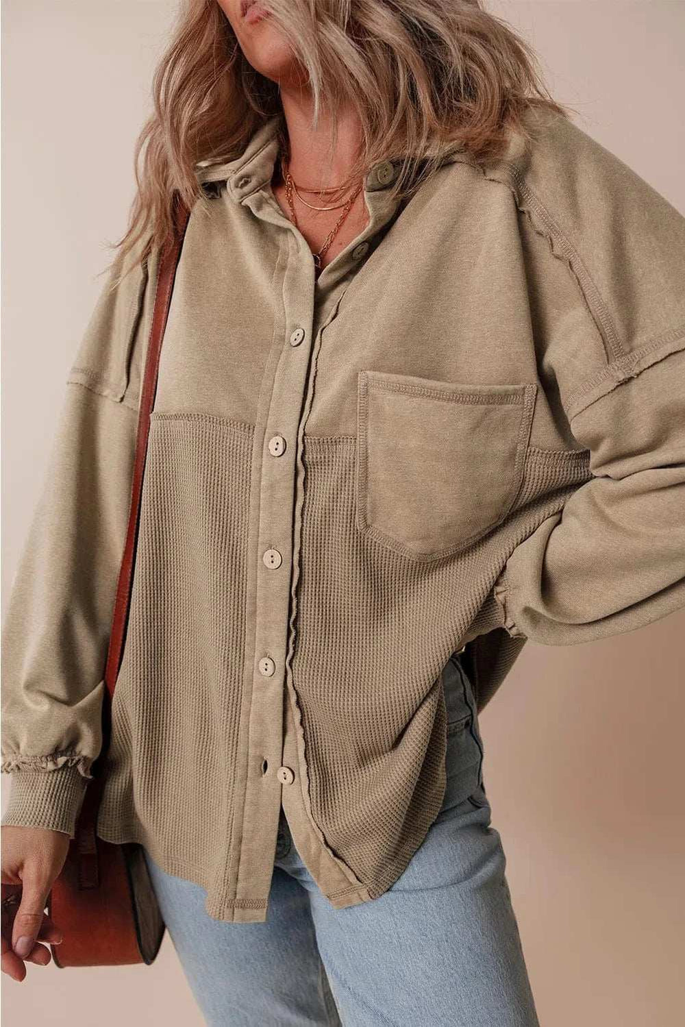 Waffle-Knit Collared Neck Long Sleeve Shacket - Trendsi - Flyclothing LLC