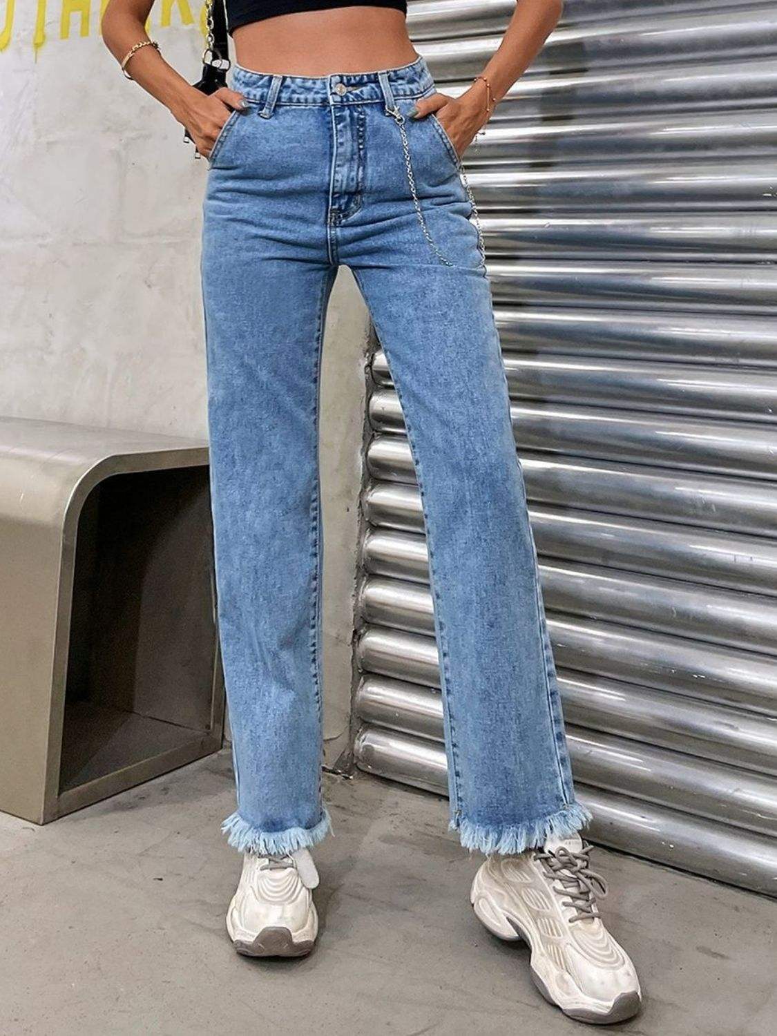 Raw Hem Jeans with Pockets - Trendsi - Flyclothing LLC