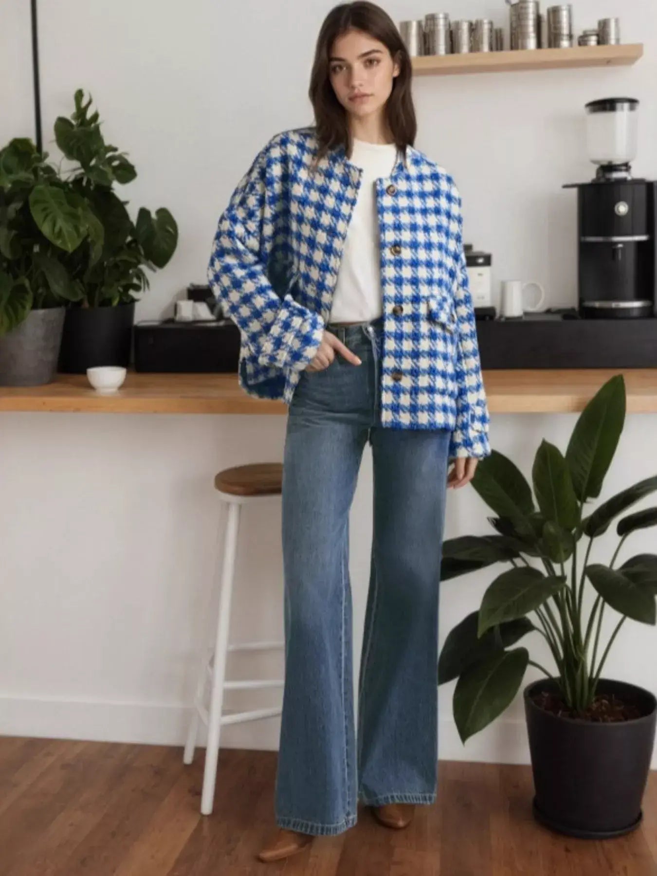 Houndstooth Button Up Long Sleeve Jacket - Trendsi - Flyclothing LLC