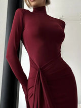 Turtleneck Long Sleeve Slit Maxi Dress - Trendsi - Flyclothing LLC