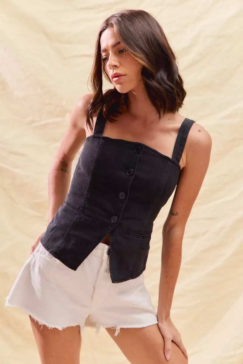 SO ME Button Down Sleeveless Game Day Fitted Denim Top - Trendsi - Flyclothing LLC