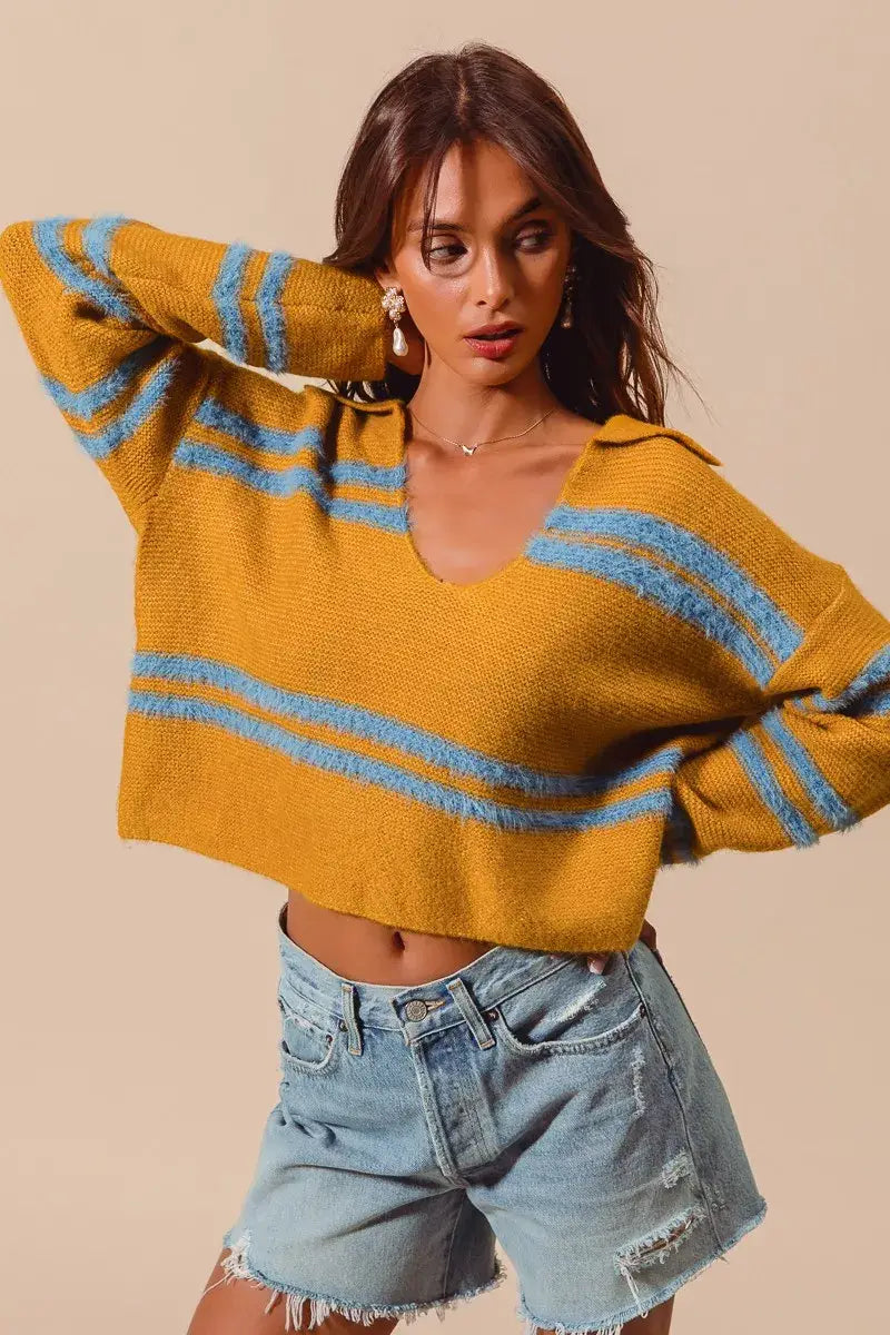 SO ME Fuzzy Hairy Stripe Deep U Neck Swetaer - Trendsi - Flyclothing LLC