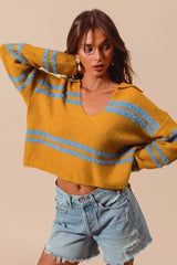 SO ME Fuzzy Hairy Stripe Deep U Neck Swetaer - Trendsi - Flyclothing LLC