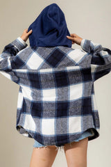 Drawstring Plaid Dropped Shoulder Hooded Shacket - Trendsi