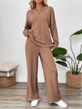 Perfee Quarter Button Long Sleeve Top and Pants Set - Trendsi - Flyclothing LLC